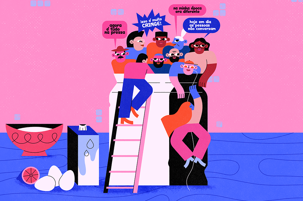 Ilustração de pessoas de diferentes gerações se misturando.