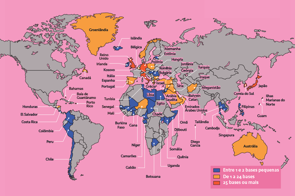 Mapa com a distribuição de bases militares dos EUA pelo mundo. São 3 categorias, separadas por cores: azul - entre 1 e 2 bases pequenas; amarelo - de 1 a 24 bases e laranja - 25 bases ou mais.