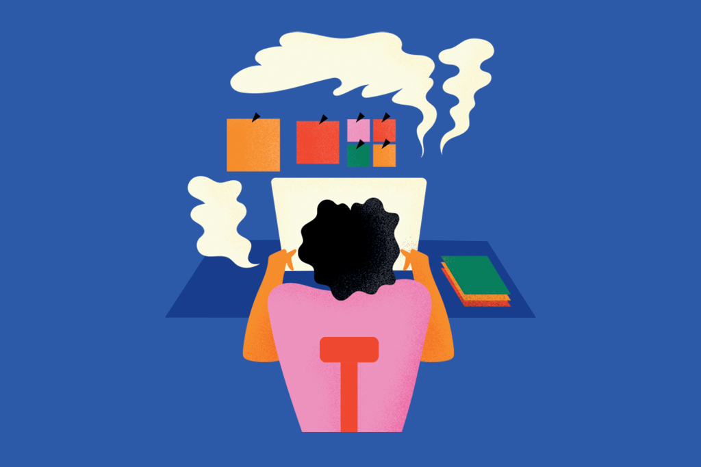 Ilustração de uma pessoa escrevendo muito no computador, com fumacinha saindo dele.