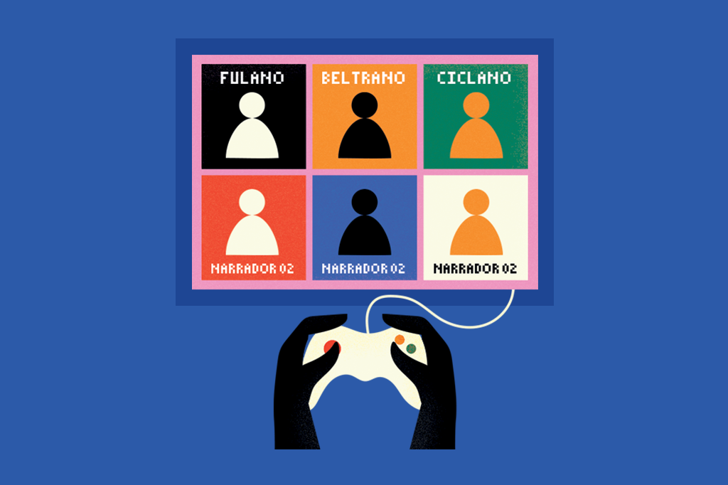 Ilustração de uma tela de video game, com a pessoa escolhendo entre personagens.