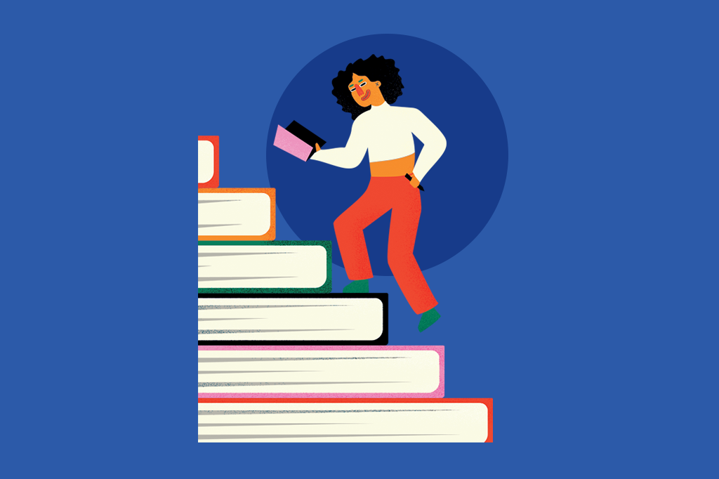 Ilustração de uma mulher com caderno e lápis na mão subindo uma escada, onde cada degrau é um livro.