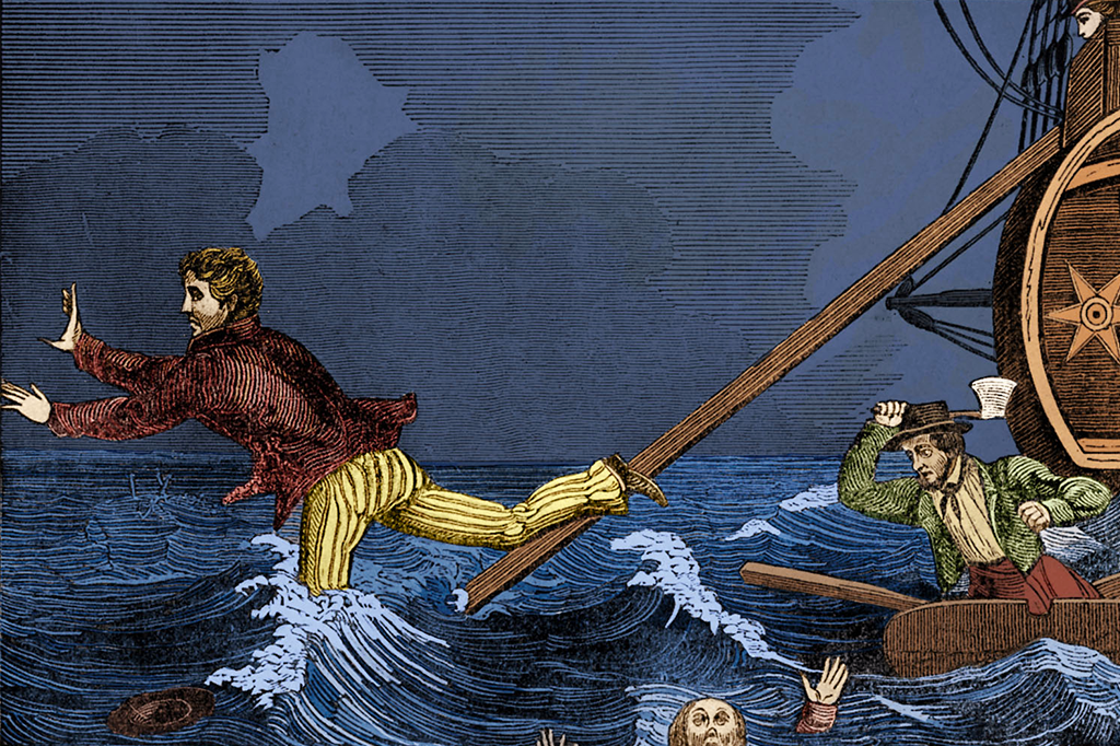 Ilustração de uma pessoa caindo da prancha de um navio pirata.
