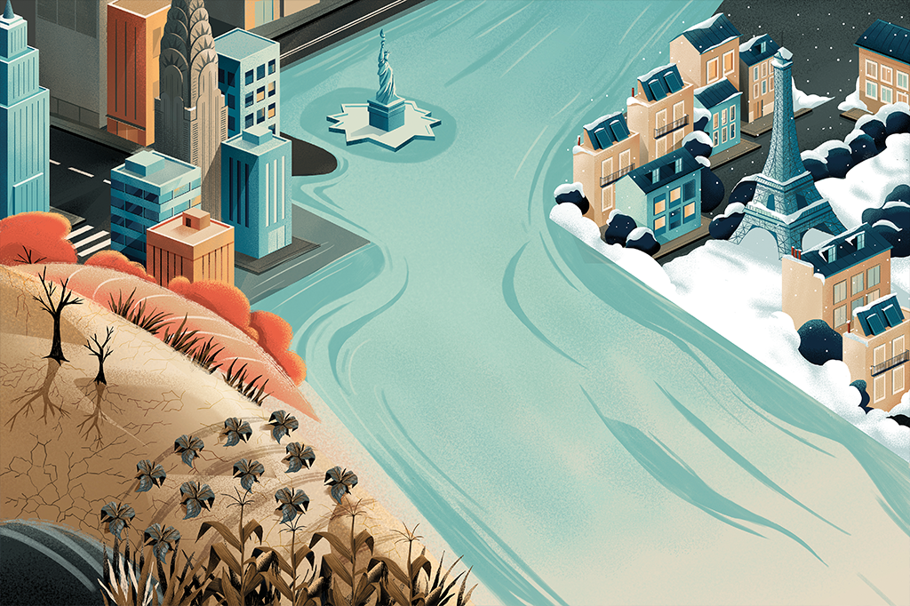 Ilustração de água representando a Corrente do Golfo passando em meio a Paris super gelada, Nova Iorque alagada e a agricultura no Brasil sofrendo com o seca.
