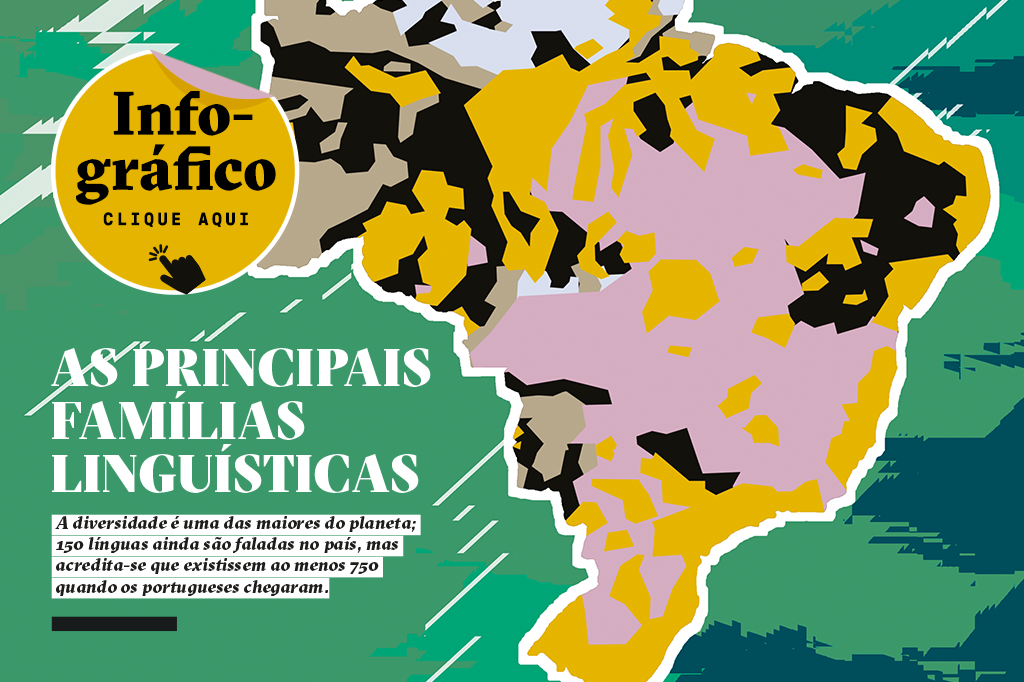 Ilustração mostrando as regiões no mapa do Brasil onde são faladas as principais famílias linguísticas indígenas.