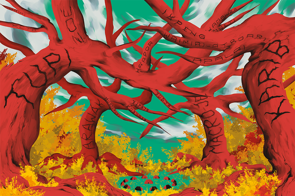 Ilustração de árvores representando as principais famílias linguísticas indígenas.