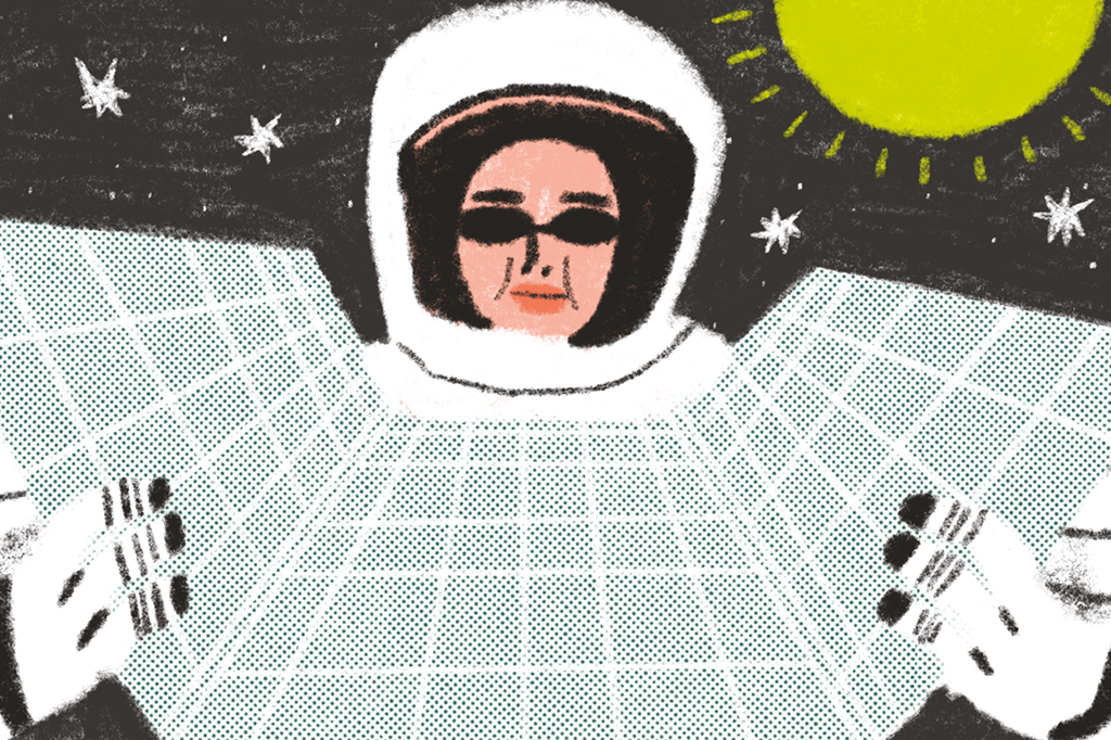 Ilustração de astronauta tomando sol segurando painel solar.