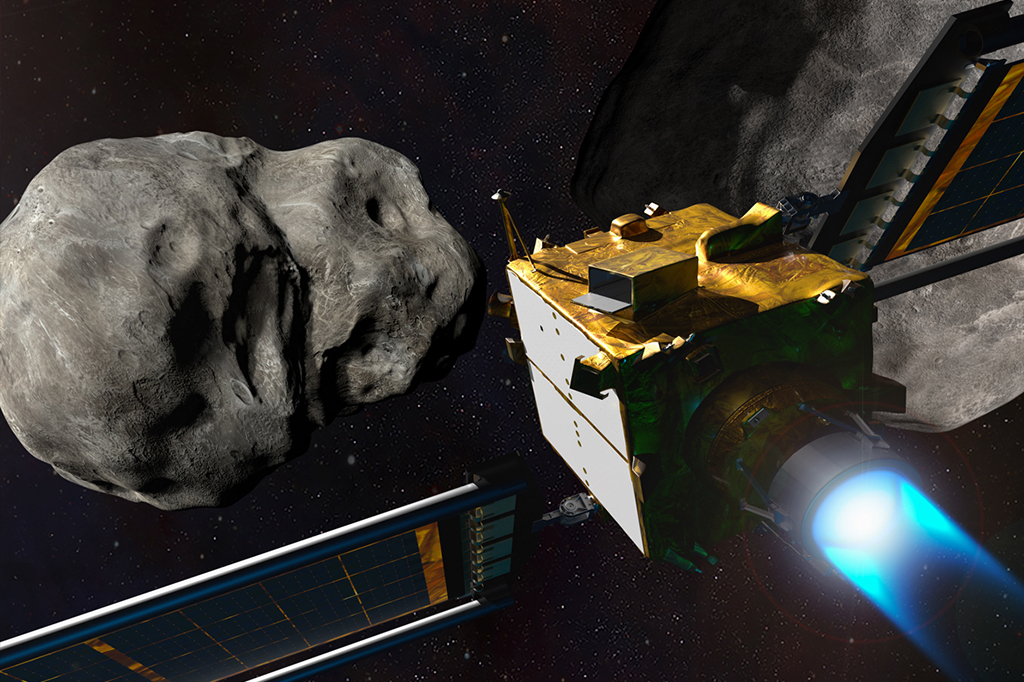ilustração representando a nave espacial DART indo de encontro a um asteroide
