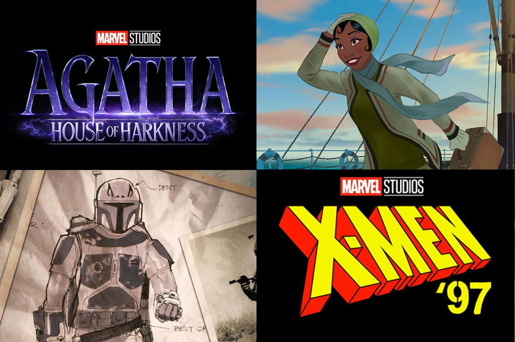 Montagem com os cartazes de Agatha: House of Harkness, Tiana, Por Baixo do Capacete: O Legado de Boba Fett e X-Men 97.