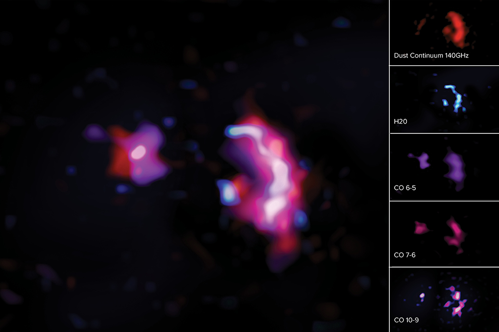 Essas imagens científicas mostram as linhas moleculares e o contínuo de poeira visto nas observações do ALMA do par de galáxias massivas primitivas conhecidas como SPT0311-58.