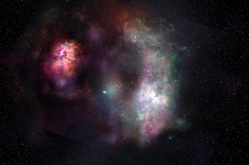 Ilustração mostrando as linhas moleculares e o contínuo de poeira visto nas observações do ALMA do par de galáxias massivas primitivas conhecidas como SPT0311-58.