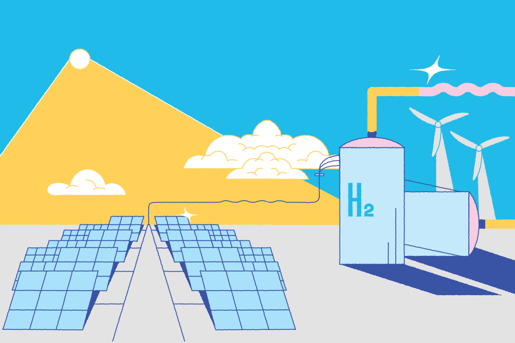 Ilustração de um parque de energia solar conectado a tanques de hidrogênio.
