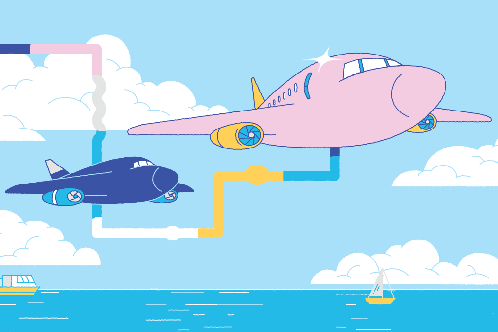 Ilustração de um avião sendo reabastecido.