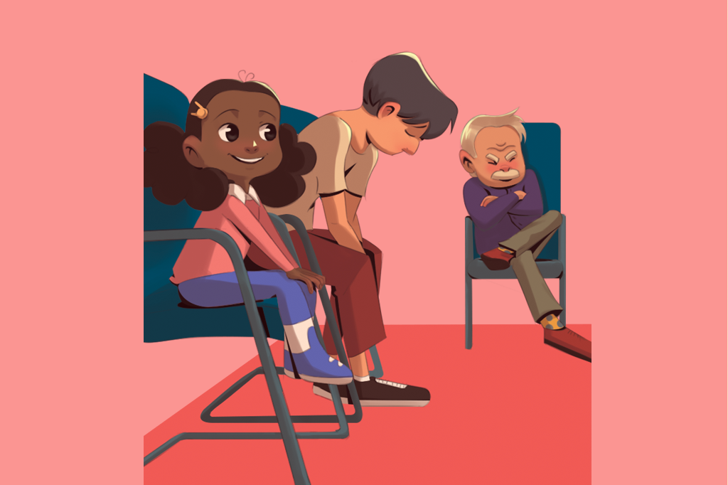 Ilustração de 3 pessoas de diferentes idades e humores numa sala de espera.