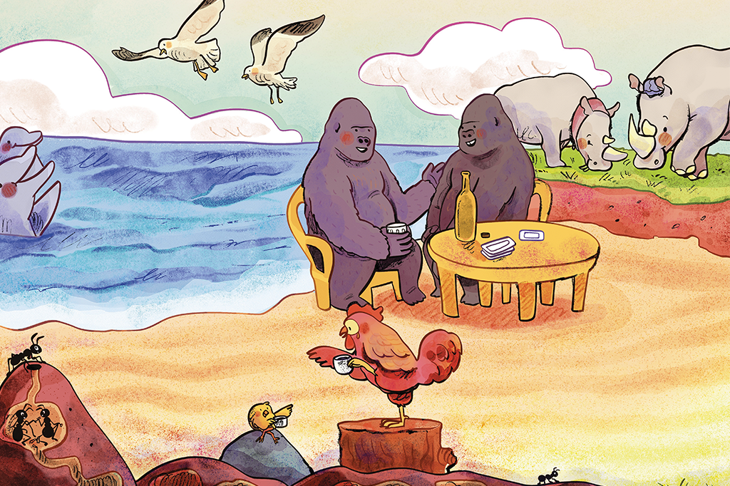 Ilustração de animais na praia conversando: dois gorilas numa mesa de bar, golfinhos no mar, gaivotas, rinocerontes brancos, formigas e um galo com um pintinho tomando café.