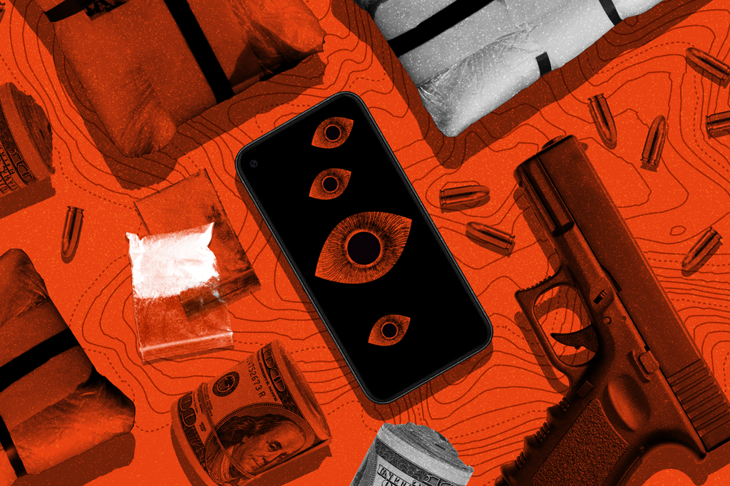 Colagem ilustrativa de celular com olhos, tijolos e saquinhos de cocaína, pistola e maços de dinheiro.