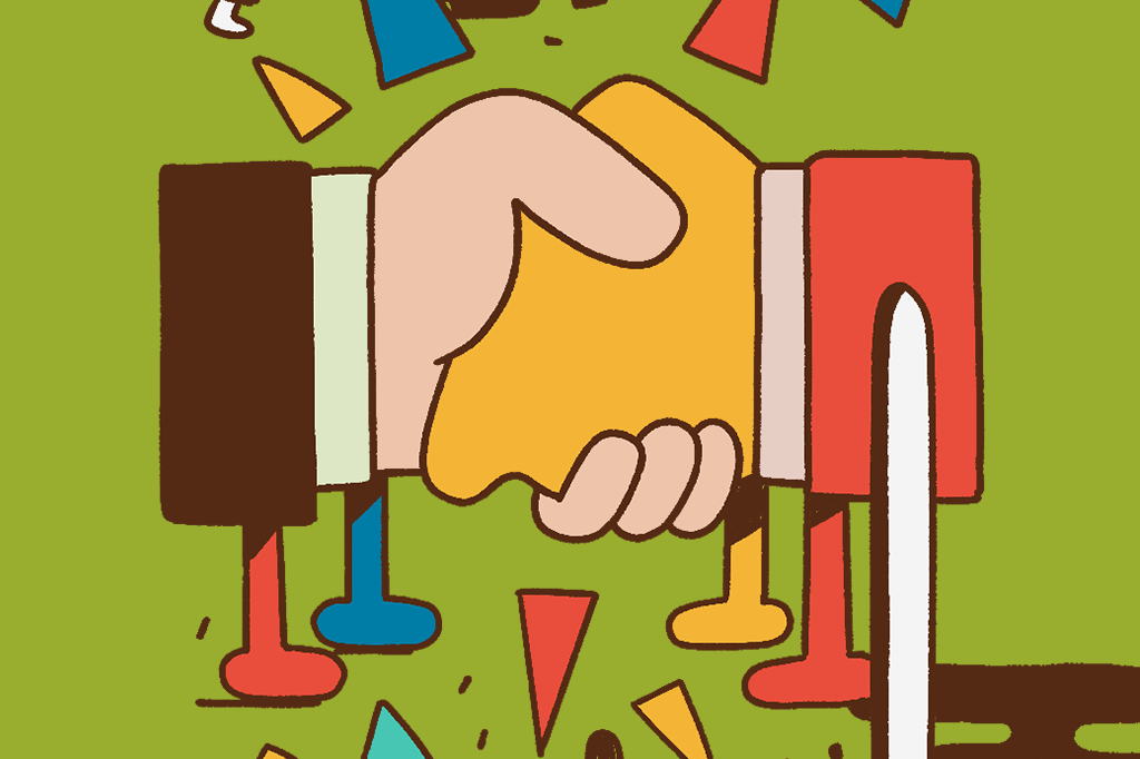 Ilustração de duas mãos gigantes antromorfizadas se apertando, como se fechassem um acordo.