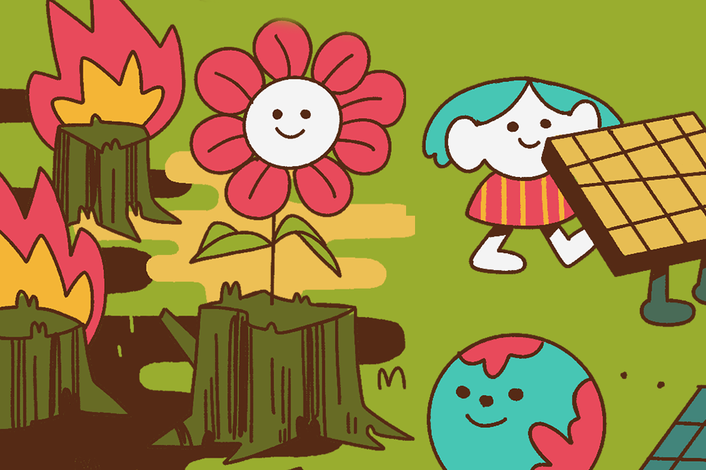 Ilustração de flor crescendo em tronco de árvore derrubada.