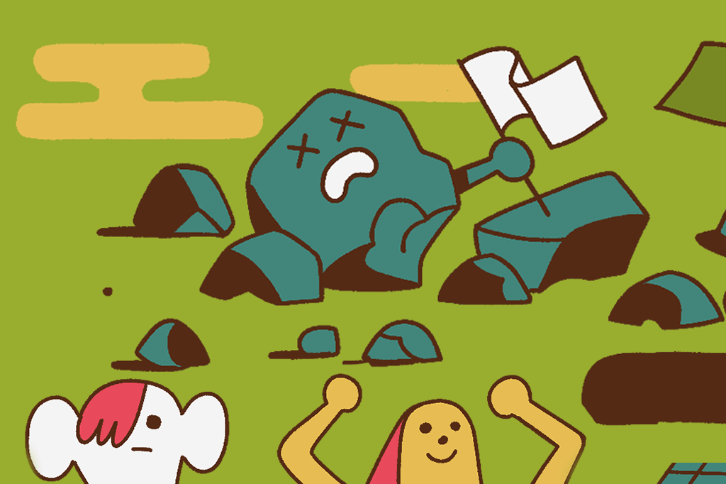 Ilustração de pedra de carvão quebrada com rosto de morta, segurando uma bandeirinha branca da paz.