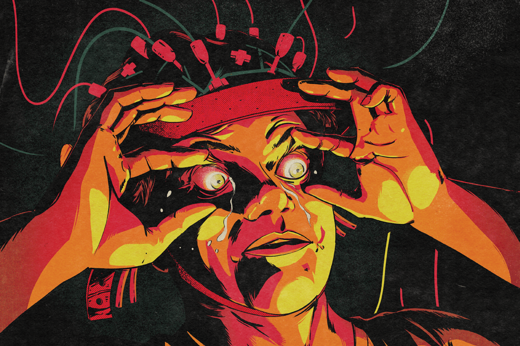 Ilustração de Alex, personagem de Laranja Mecânica, abrindo os próprios olhos com as mãos.