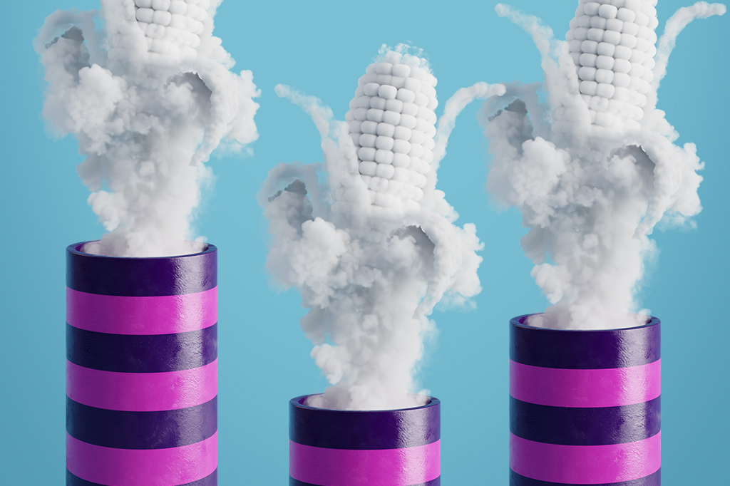 Ilustração 3D de chaminés soltando fumaça em formato de espiga de milho.