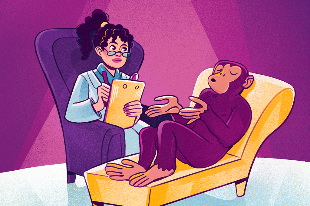 Ilustração de chimpanzé no divã fazendo terapia com cientista.
