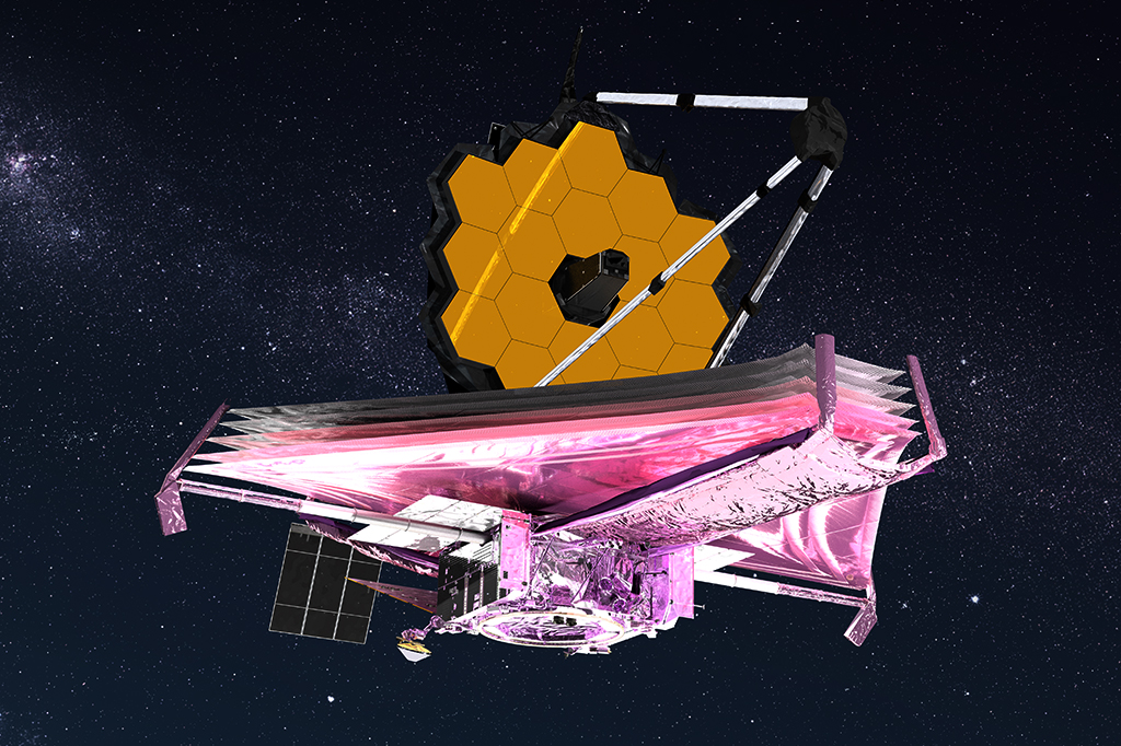 Render artístico do telescópio James Webb no espaço.