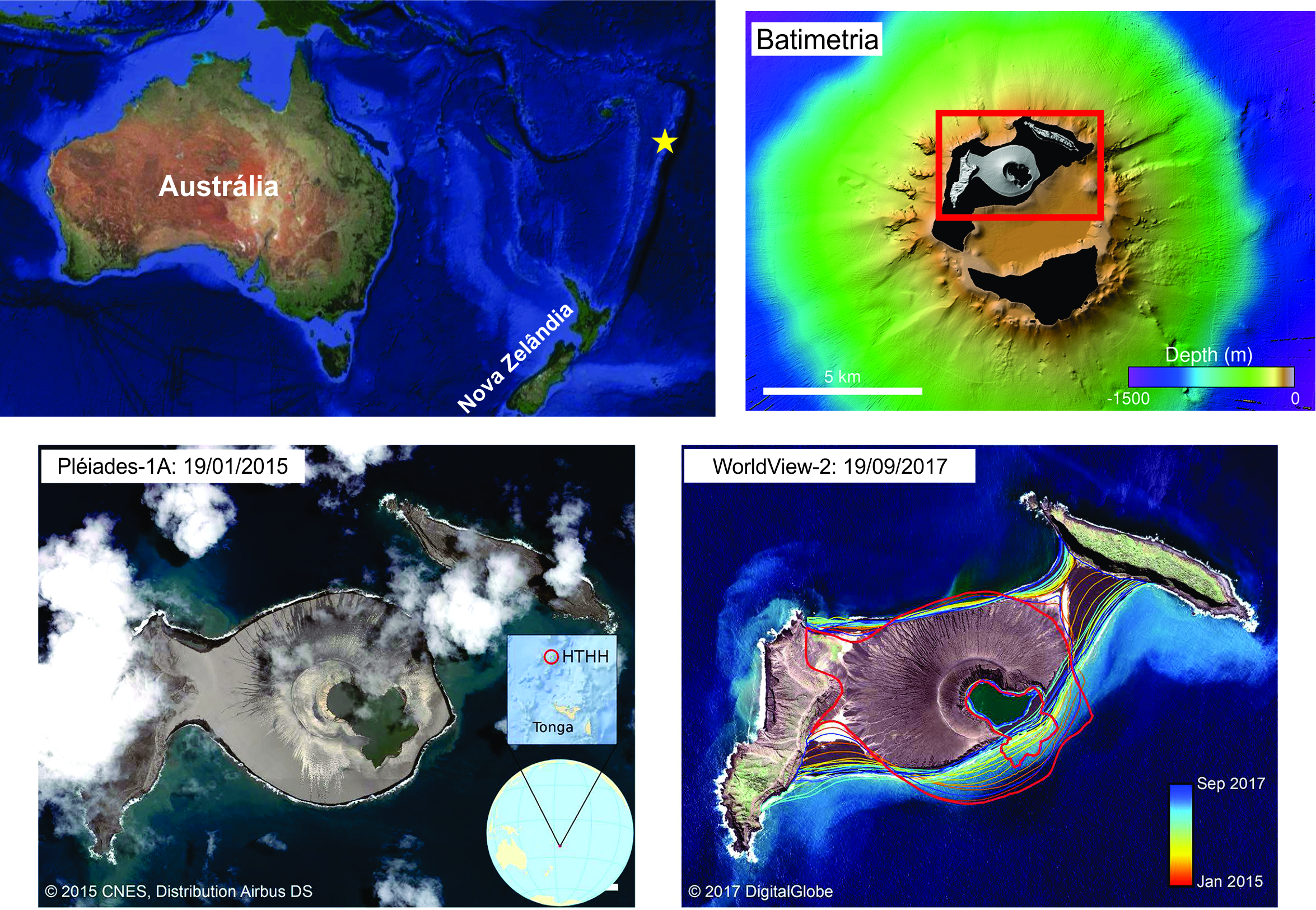 Localização do sistema vulcânico Hunga Tonga-Hunga Ha’apai (estrela amarela na imagem superior à esquerda). A imagem superior à direita apresenta a batimetria do entorno das ilhas Hunga Tonga e Hunga Ha'apai, medida a partir do navio R/V Falkor em abril de 2016, evidenciando o relevo no vulcão submarino; o volume total estimado do edifício vulcânico acima do piso da caldeira (a -155 m) é de aproximadamente 0,50 km³, dos quais cerca de 11% estão acima do nível médio do mar. O diâmetro basal do edifício é de aproximadamente 1,5 km. As imagens inferiores incluem uma imagem obtida pelo Airbus Pléiades-1A (à esquerda) no final do evento eruptivo de 2015, que representa a expressão inicial do relevo (pré-erosão) da “nova” ilha Hunga Tonga-Hunga Ha'apai, e o estado da ilha quase 3 anos depois (à direita), em imagem DigitalGlobe WorldView-2 obtida em 19 de setembro de 2017. A evolução costeira é evidenciada pelos contornos coloridos na imagem inferior à esquerda, com cores que variam do vermelho (janeiro de 2015) a azul (setembro de 2017).