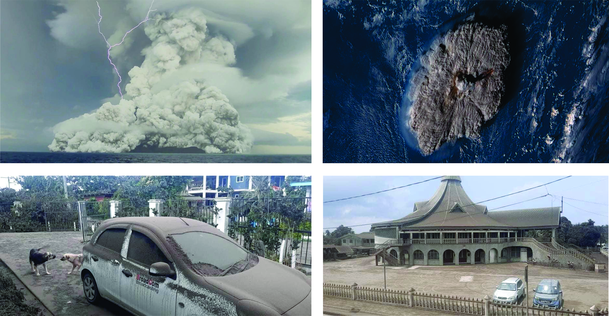 Imagens da coluna eruptiva produzida pela atividade explosiva do vulcão Hunga Tonga-Hunga Ha’apai em 14-15 de janeiro de 2022 (acima) e da consequente camada de cinzas recobrindo a capital Nuku’alofa (abaixo)