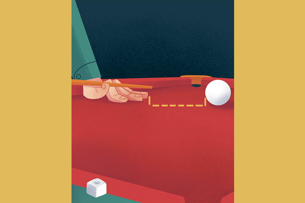 Ilustração de uma pessoa posicionando o taco para bater na bola branca no bilhar.