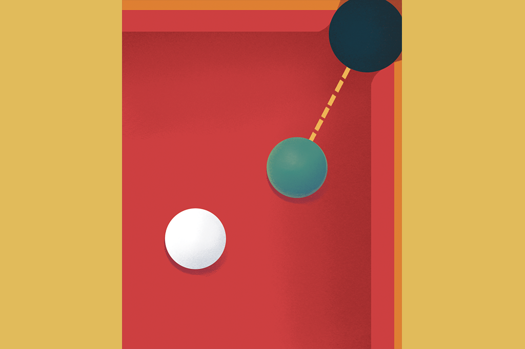 Ilustração de duas bolas perto da caçapa da mesa de bilhar.
