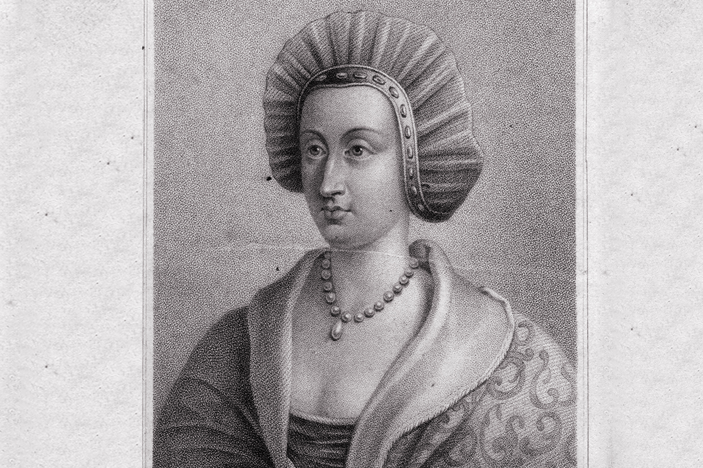 Retrato em preto e branco da Joana I de Nápoles.