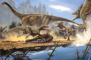 Ilustração representando cena da cadeia alimentar dos dinossauros.