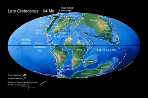Localização do sítio paleontológico Peirópolis e Serra Galga (Uberaba) no Cretáceo Superior, quando África e América do Sul se separavam.