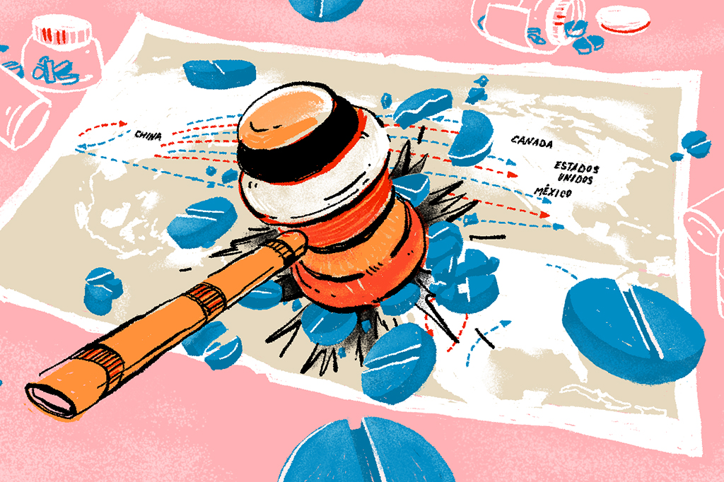 Ilustração de martelo de juiz esmagando comprimidos em cima de mapa com rota do tráfico.