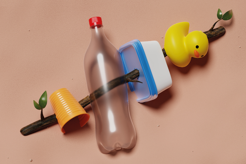 Ilustração 3D de espetinho de coisas de plástico: copo, garrafa PET, tupperware e patinho.