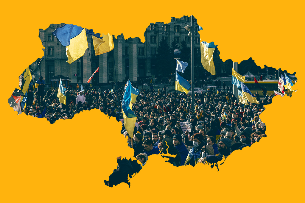 Foto de protesto emoldurado pelo contorno do território ucraniano.