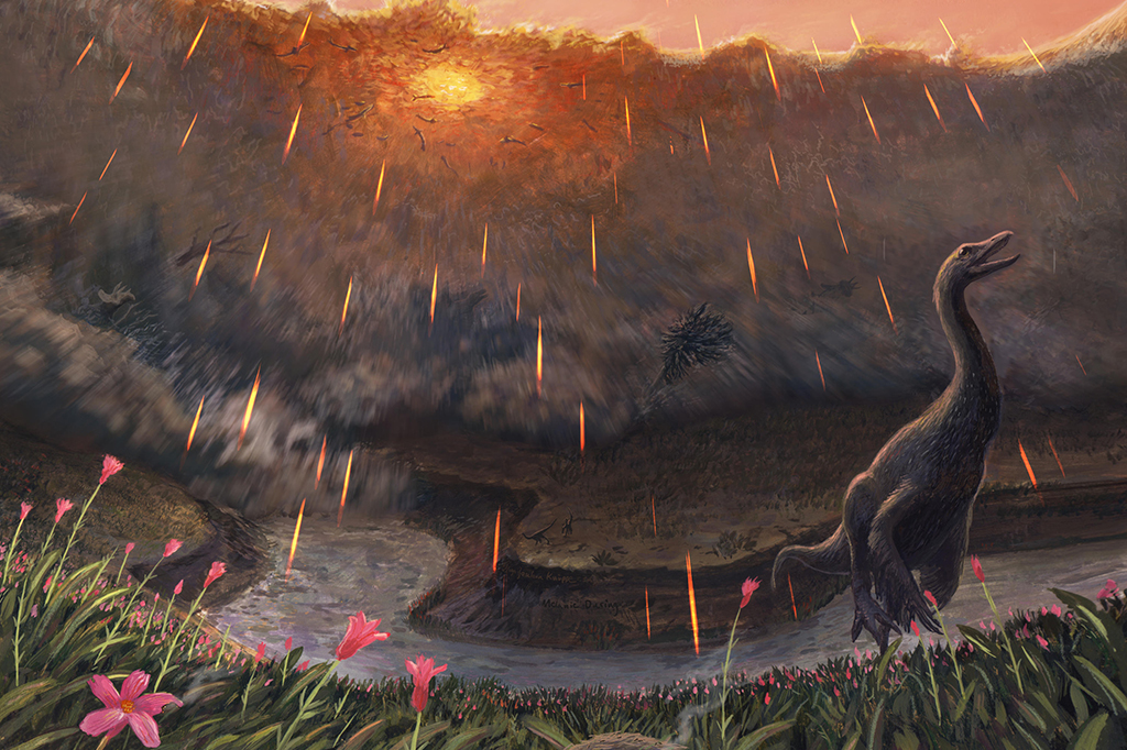 Ilustração de dinossauro fugindo em campo florido enquanto asteroide entra na atmosfera.