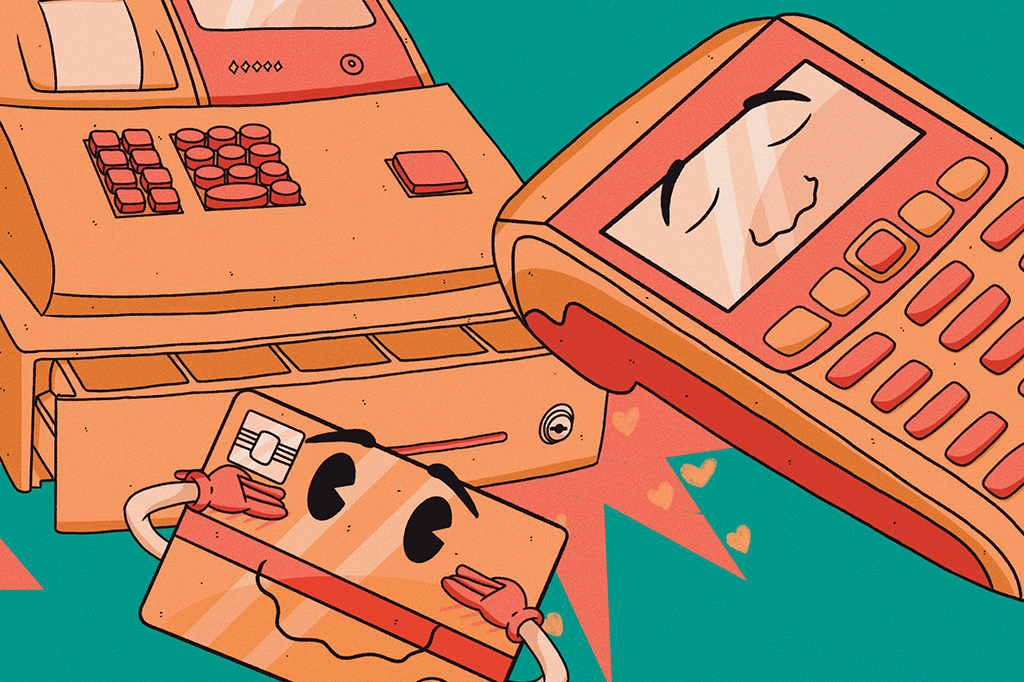 Ilustração de um cartão, uma maquininha e um caixa registradora.