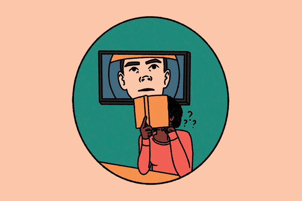 Ilustração de uma pessoa lendo sobre um filme que assistiu.