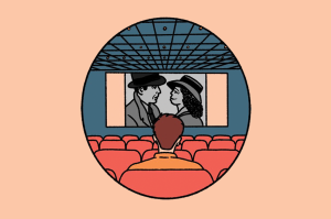 Ilustração de uma pessoa assistindo um filme clássico no cinema.