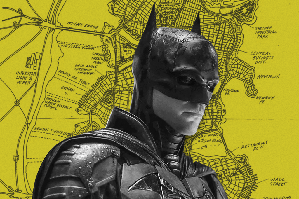 Foto do Batman interpretado pelo ator Robert Pattinson, com um fundo do mapa de Gotham.