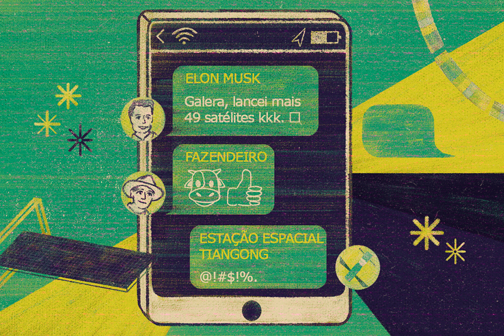 Ilustração de chat de Whatsapp com Elon Musk, fazendeiro e a Estação Espacial Tiangong.