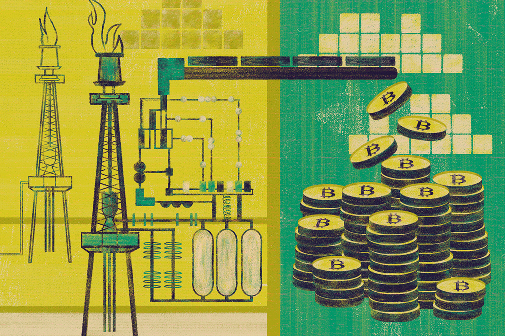 Ilustração mostrando torre de gás natural gerando bitcoins.