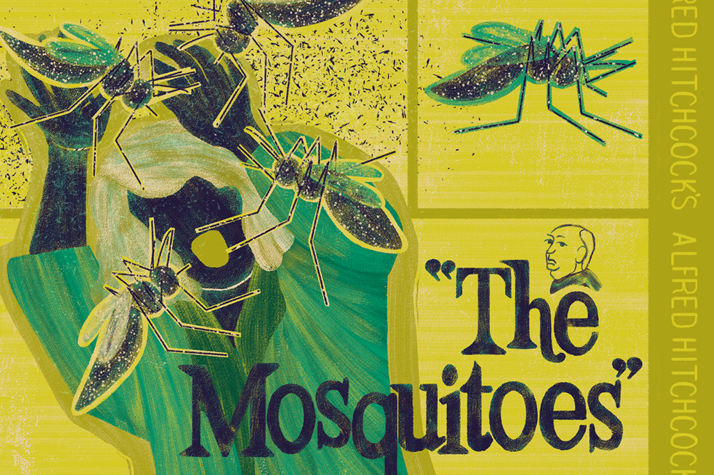 Ilustração/releitura do pôster do filme Os Pássaros, mas com mosquitos.