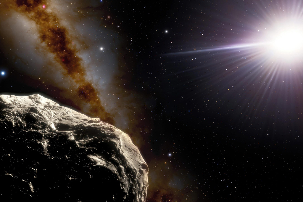 Ilustração mostrando asteroide orbitando o Sol.