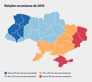 Mapa mostrando as porcentagens de votos entre Tymoshenko e Yanukovych em cada região da Ucrânia, nas eleições de 2010.