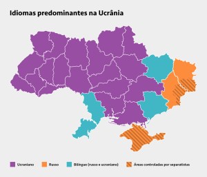 Mapa mostrando os idiomas prodominantes na Ucrânia e as áreas controladas por separatistas.