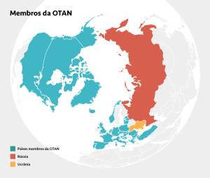 Mapa mostrando a localização dos países membros da OTAN em relação a Rússia e Ucrânia.