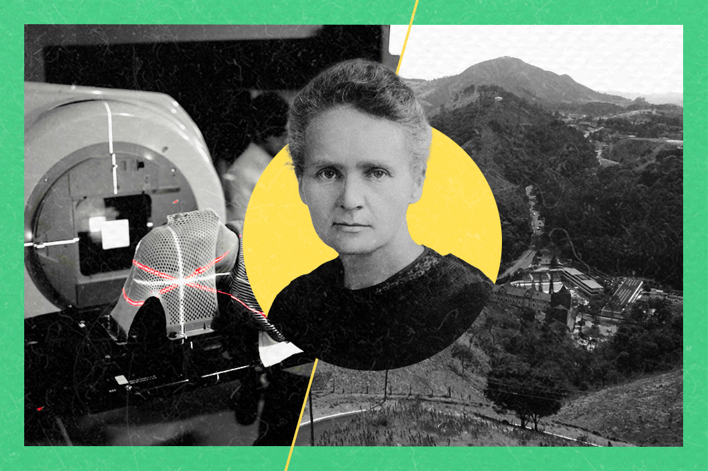 Colagem com Marie Curie no centro da imagem, ao lado de uma máquina de radioterapia e de uma foto de Águas de Lindoia.