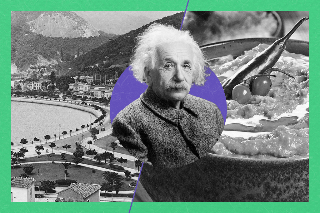 Colagem com Albert Einstein no centro da imagem, ao lado de uma foto do Rio de Janeiro e de uma foto de vatapá.
